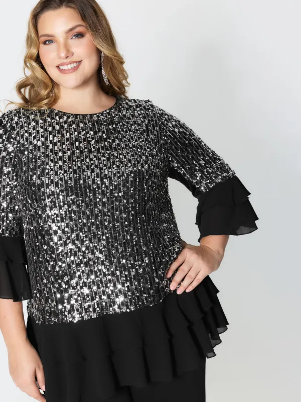 Sequin Layered Ruffled Sleeve Blouse sold by Bloomchic