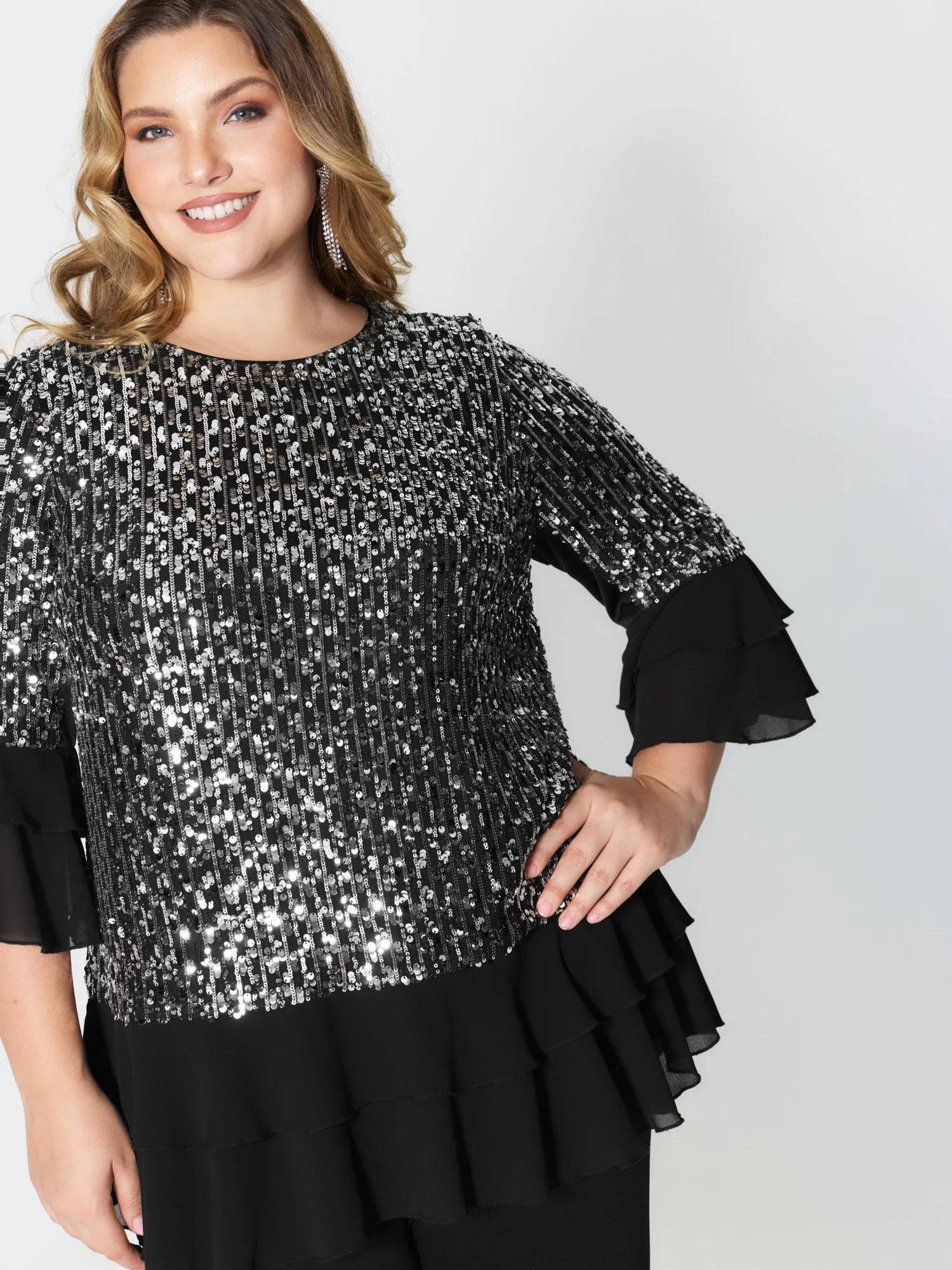 Sequin Layered Ruffled Sleeve Blouse sold by Bloomchic
