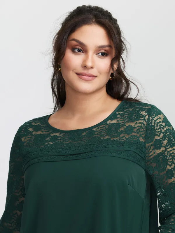 Lace Sheer Sleeve Curvy Hem Blouse sold by Bloomchic