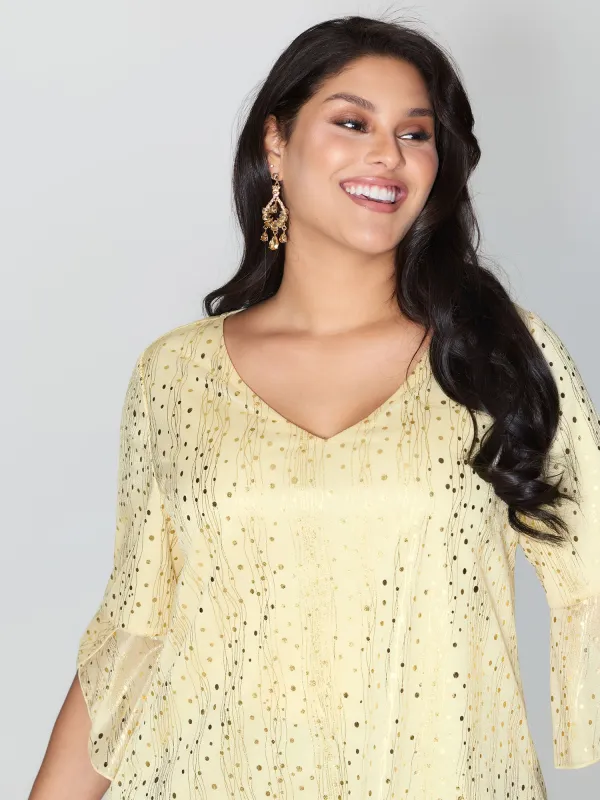 Gold Stamp Asymmetrical Sleeve Lined Top sold by Bloomchic