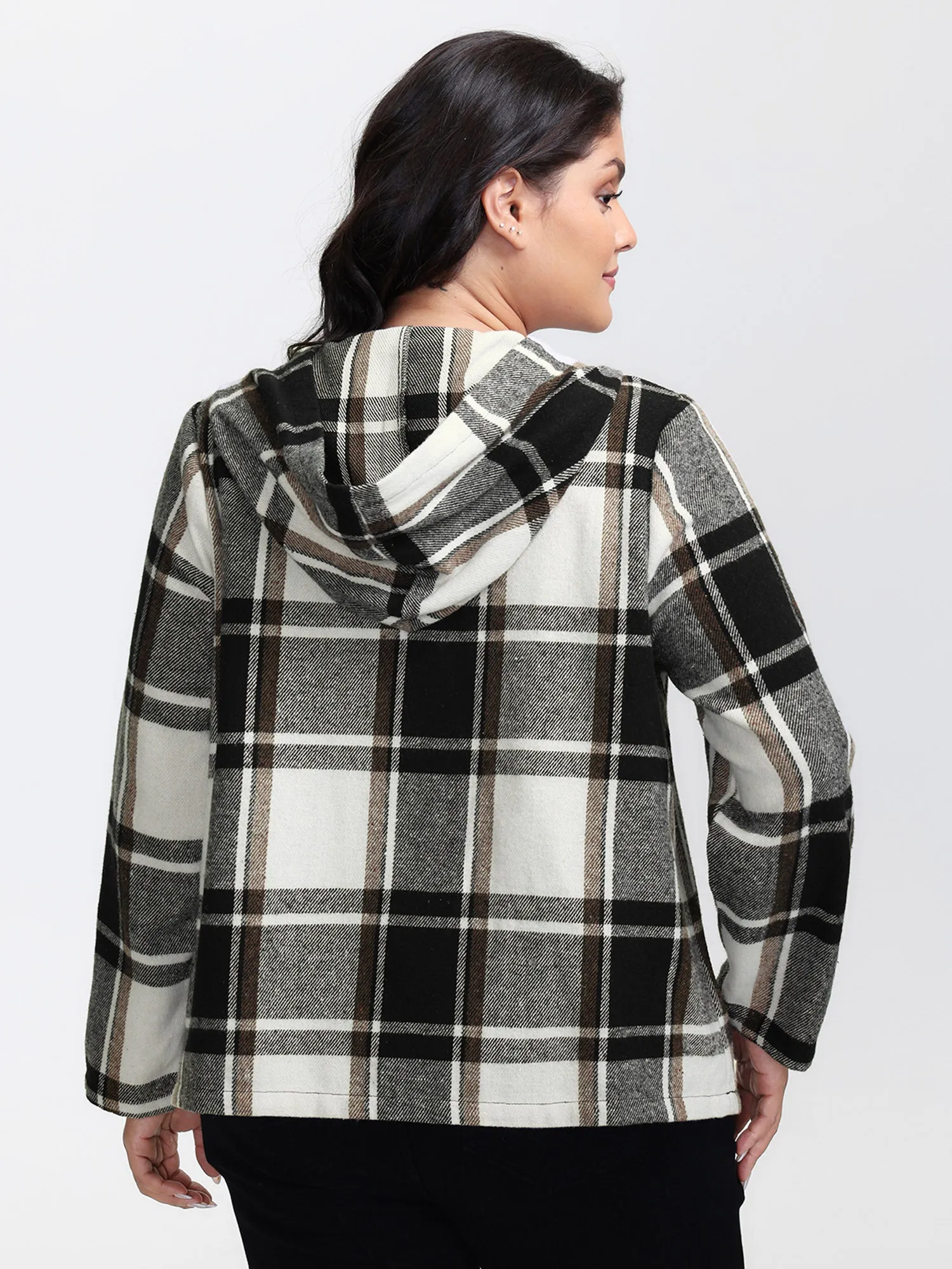 Checkered Half-Open Placket Pockets Hoodie sold by Bloomchic product image thumbnail 4