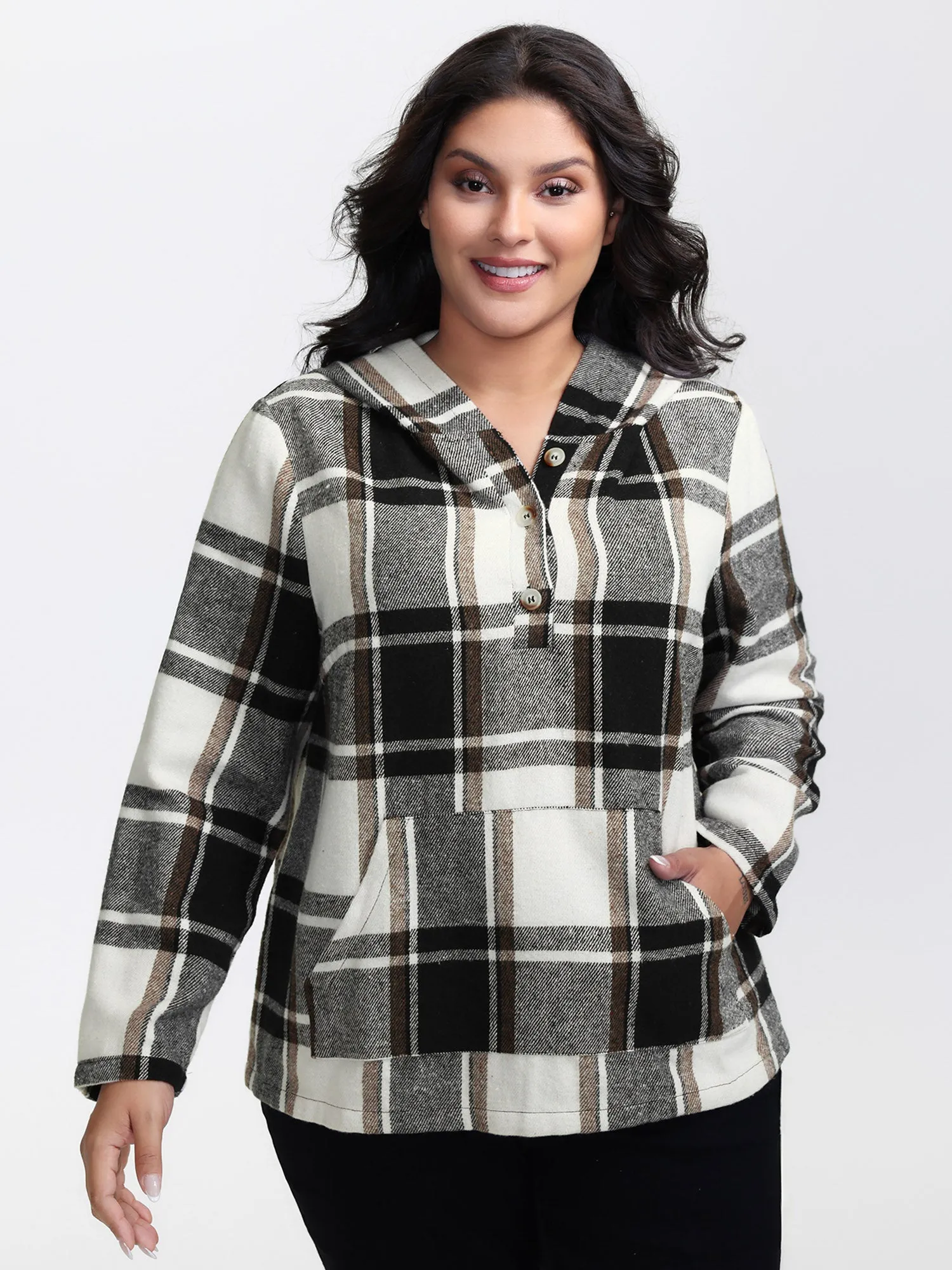 Checkered Half-Open Placket Pockets Hoodie sold by Bloomchic product image thumbnail 2