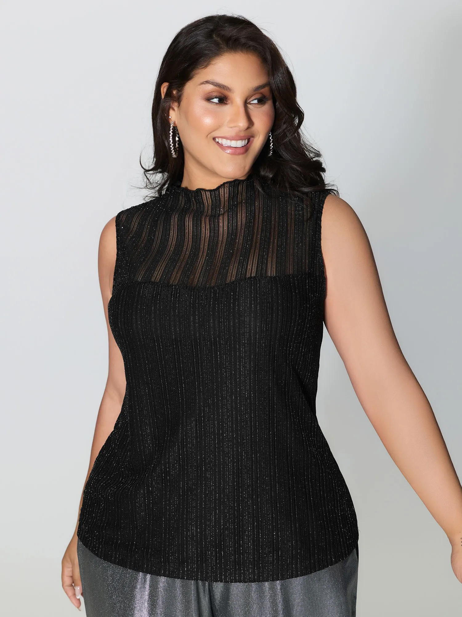 Lurex Sheer Neckline Lined Tank Top sold by Bloomchic