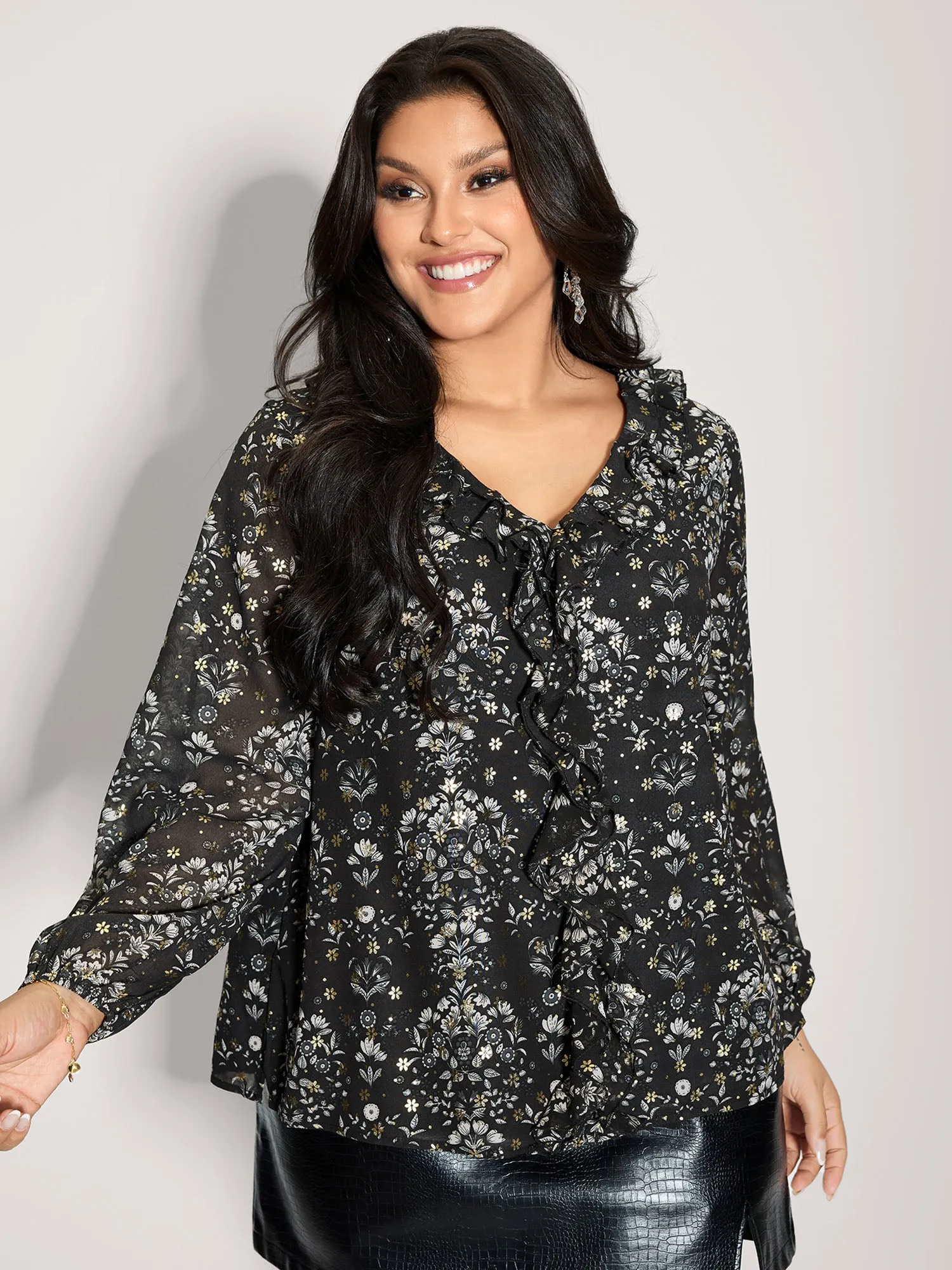 Floral Sequin Ruffled Edge Blouse sold by Bloomchic