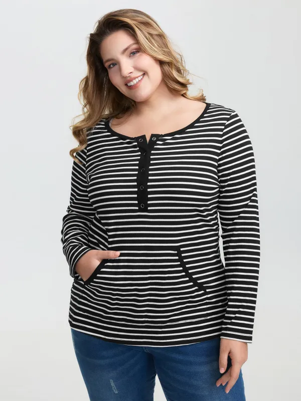 Striped Half-Open Placket Pockets T-Shirt sold by Bloomchic