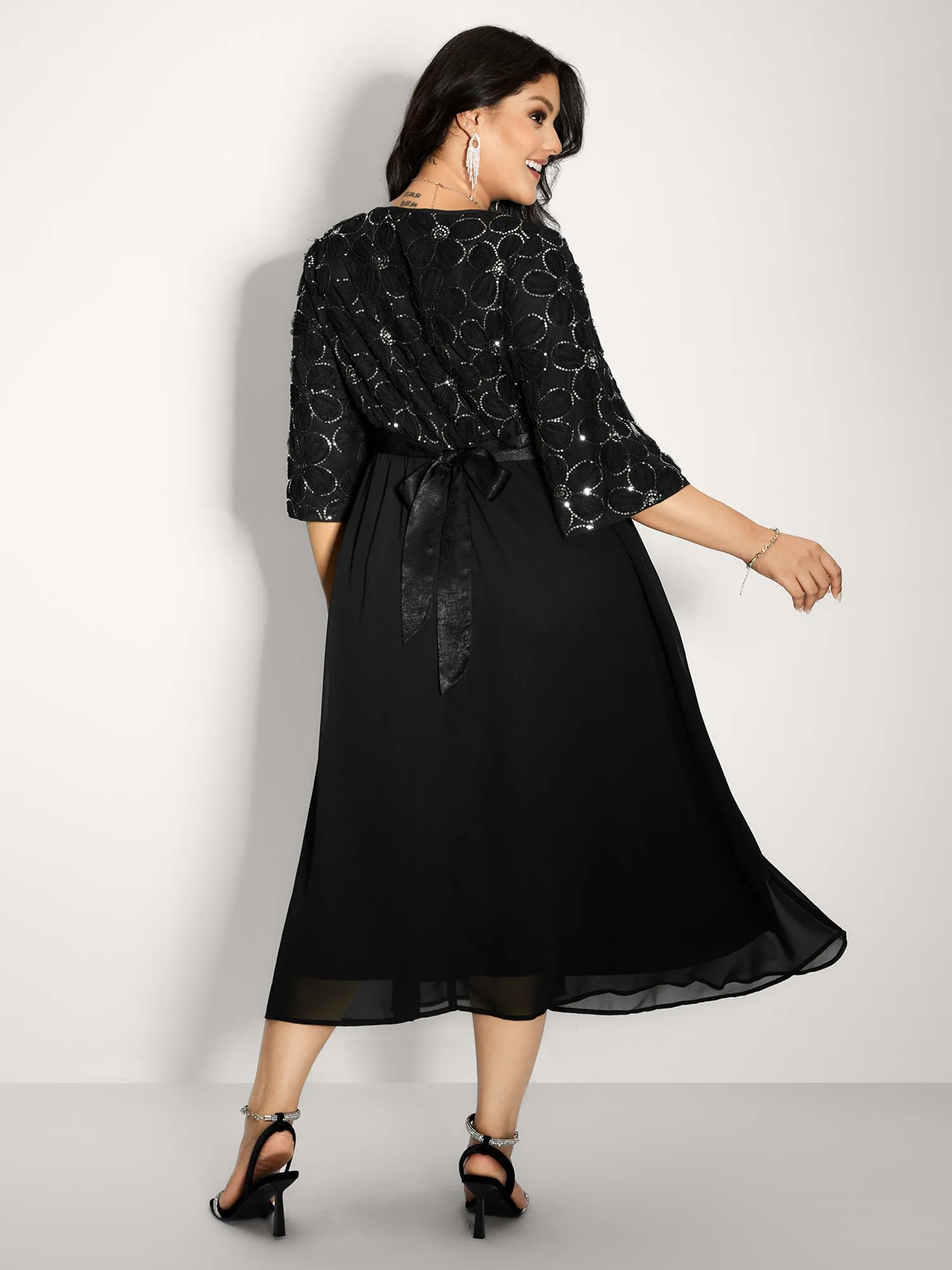 Sequin Floral Tulle Shirred Waist Midi Dress sold by Bloomchic product image thumbnail 5