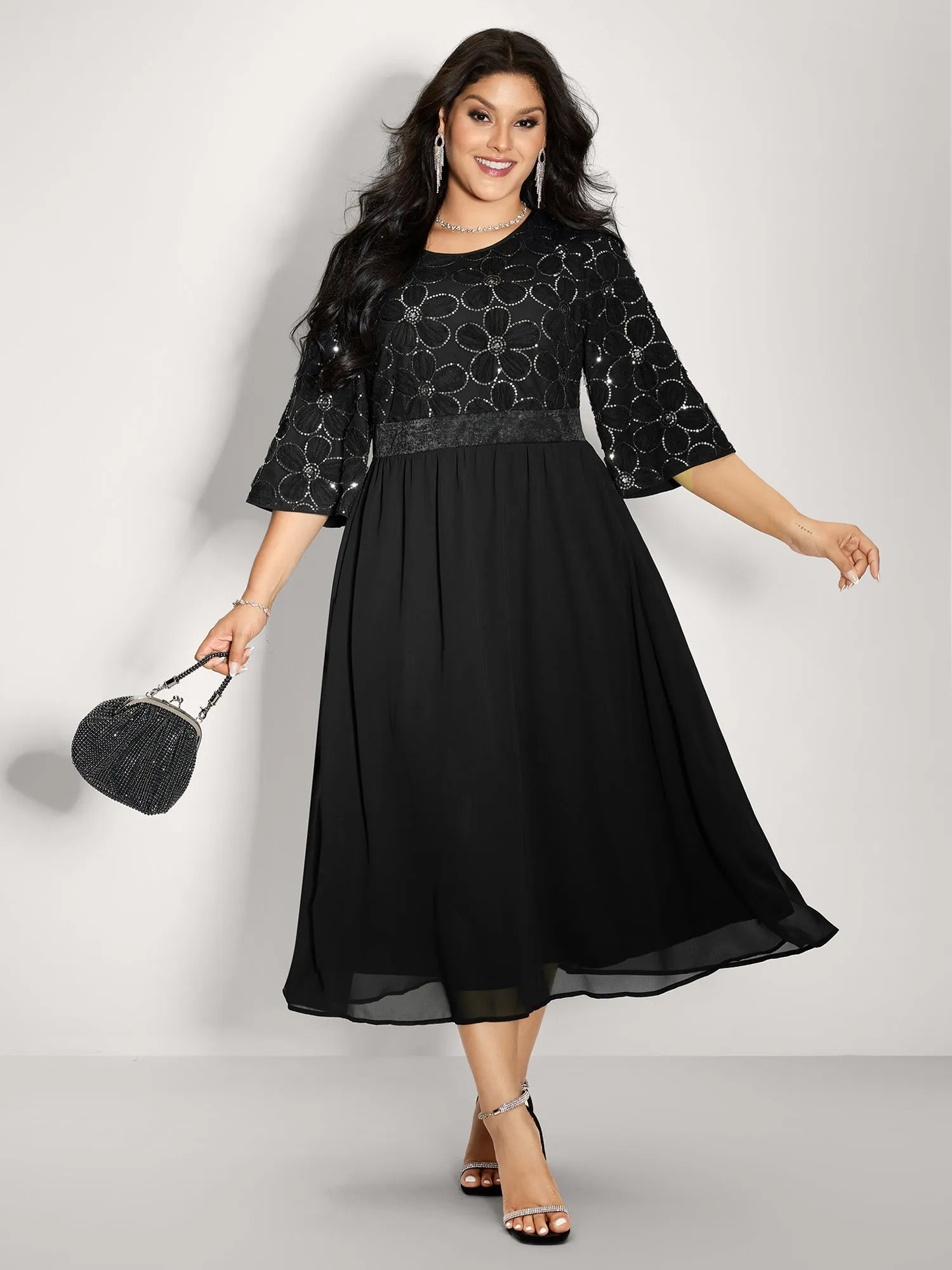 Sequin Floral Tulle Shirred Waist Midi Dress sold by Bloomchic