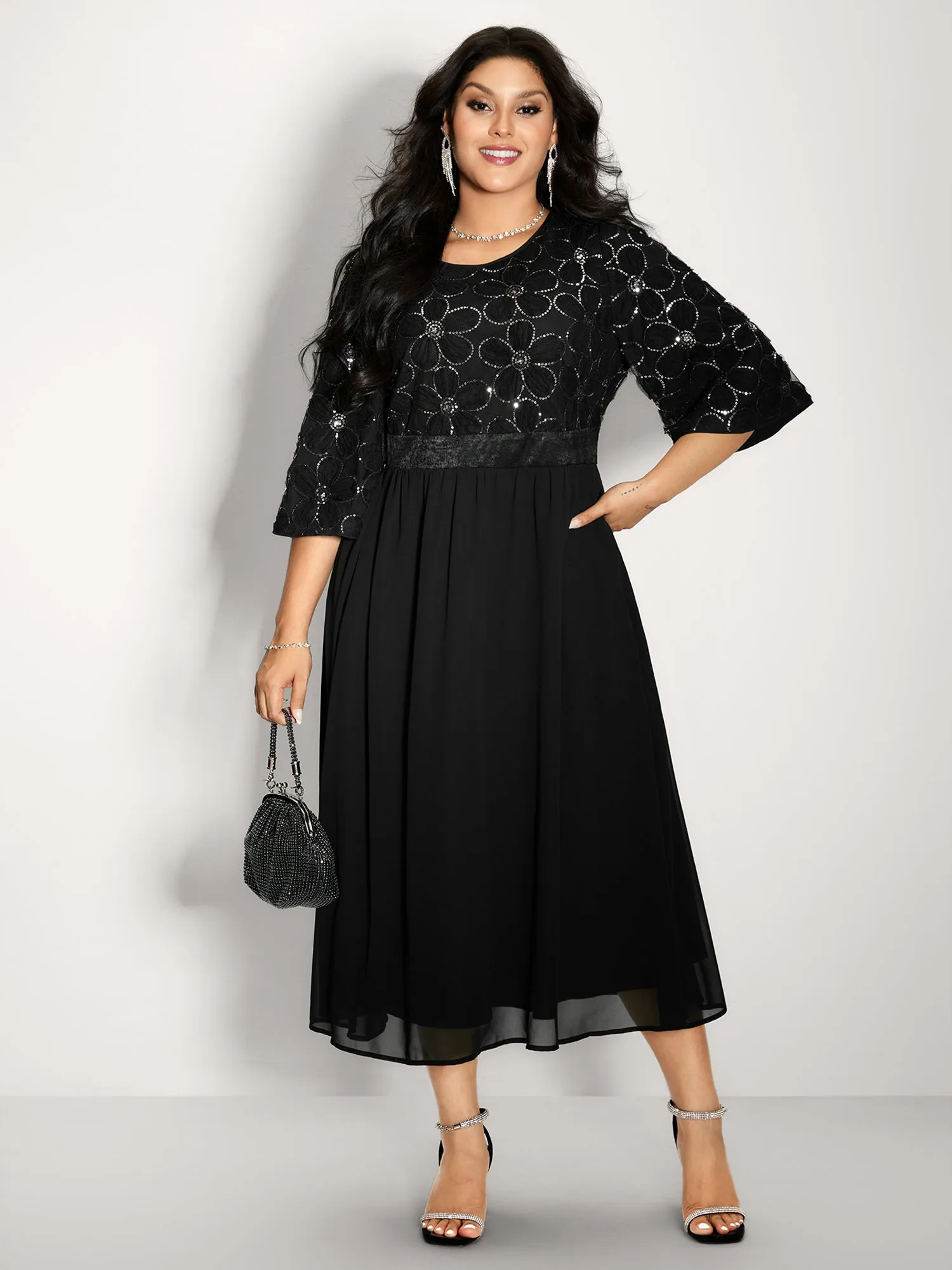 Sequin Floral Tulle Shirred Waist Midi Dress sold by Bloomchic product image thumbnail 3