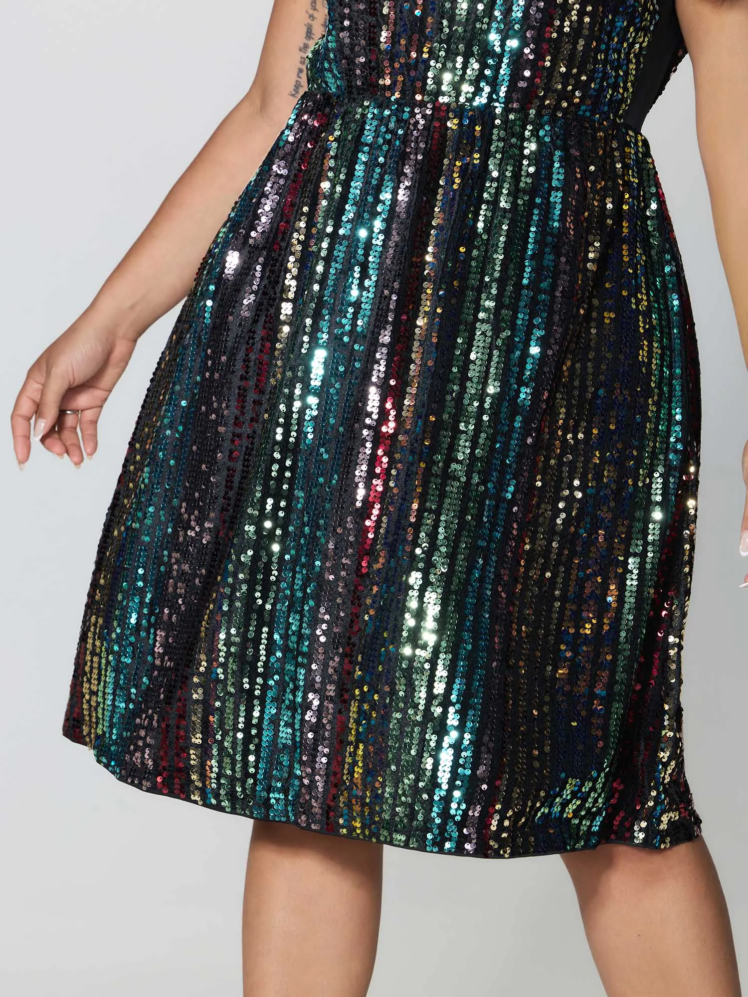 Shimmery Sequin Stripe Cinched-Waist Midi Dress sold by Bloomchic product image thumbnail 4