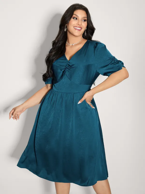 Satin-Like Ruched Sleeve Midi Dress sold by Bloomchic