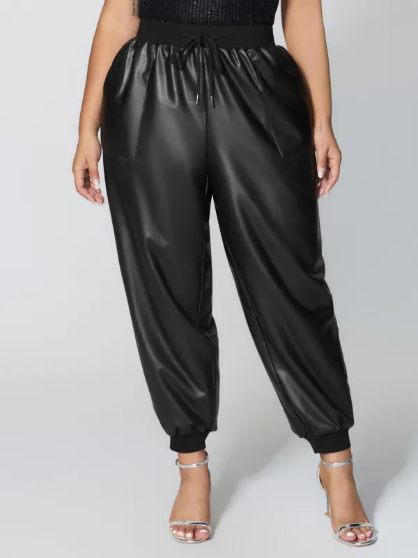 Ribbed Trim Spliced Leather Drawstring Pants sold by Bloomchic