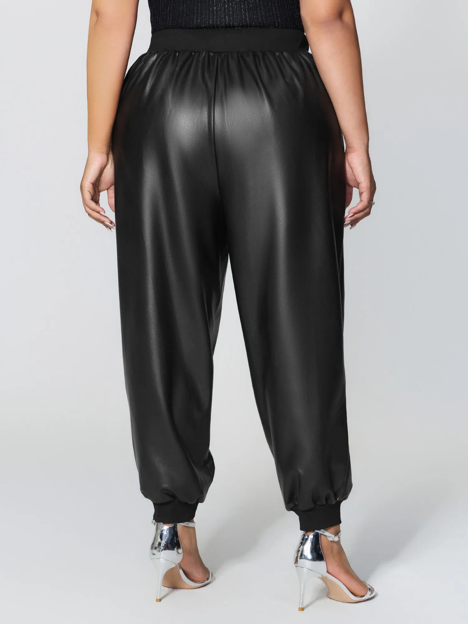 Ribbed Trim Spliced Leather Drawstring Pants sold by Bloomchic product image thumbnail 5