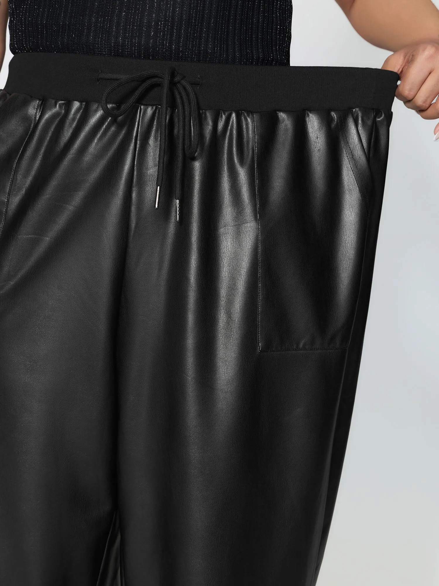 Ribbed Trim Spliced Leather Drawstring Pants sold by Bloomchic product image thumbnail 4