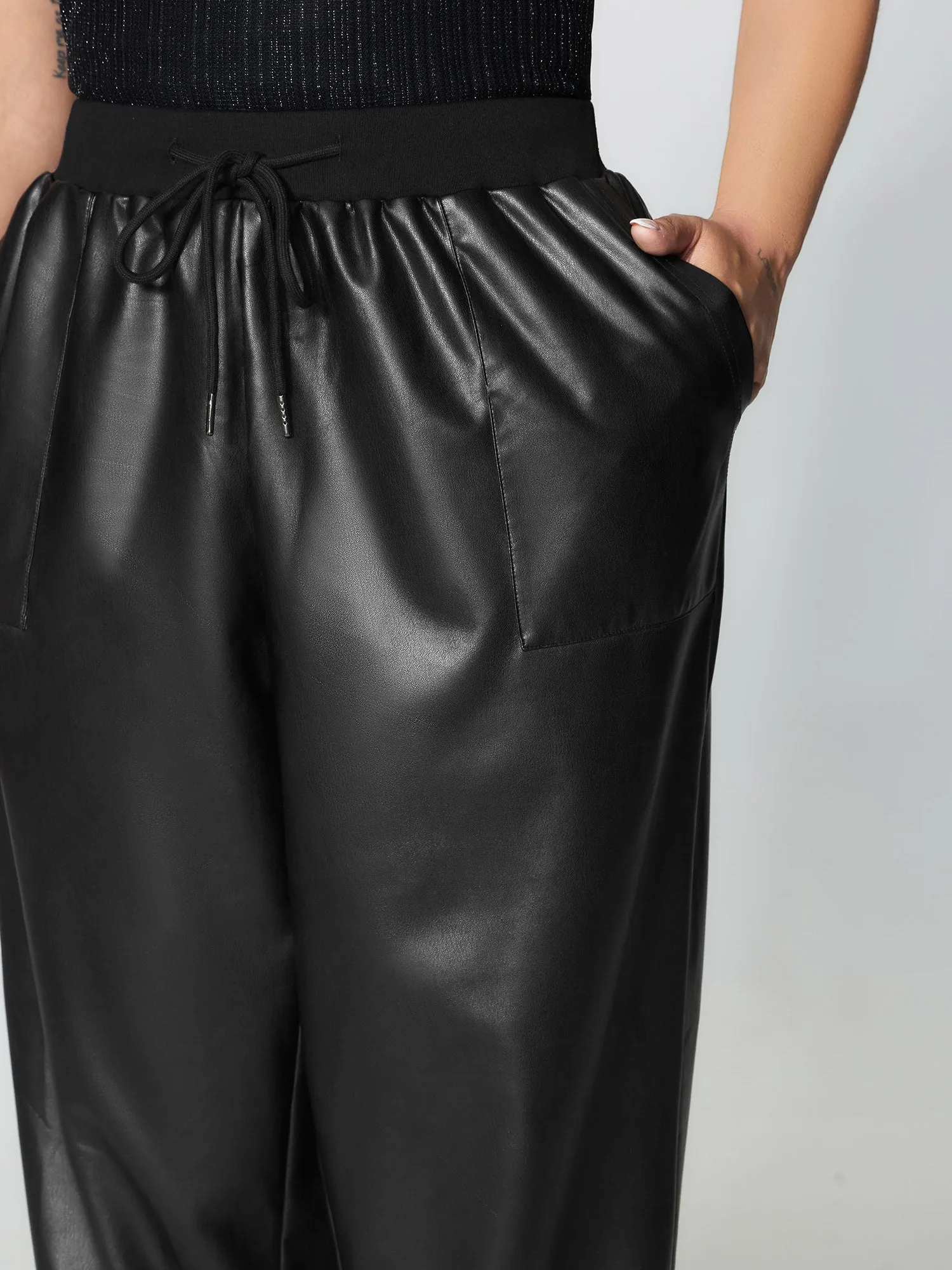 Ribbed Trim Spliced Leather Drawstring Pants sold by Bloomchic product image thumbnail 3