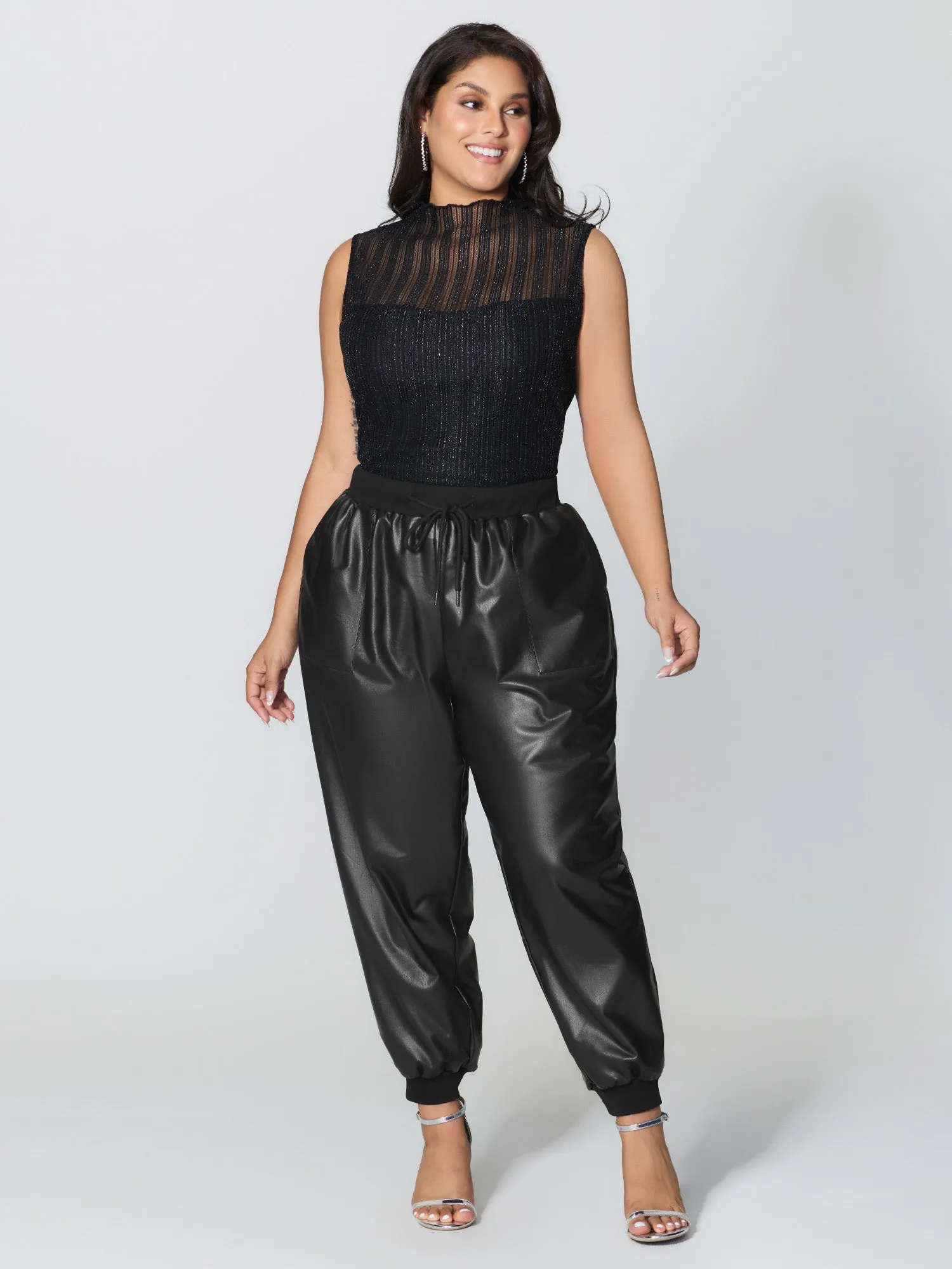 Ribbed Trim Spliced Leather Drawstring Pants sold by Bloomchic product image thumbnail 2