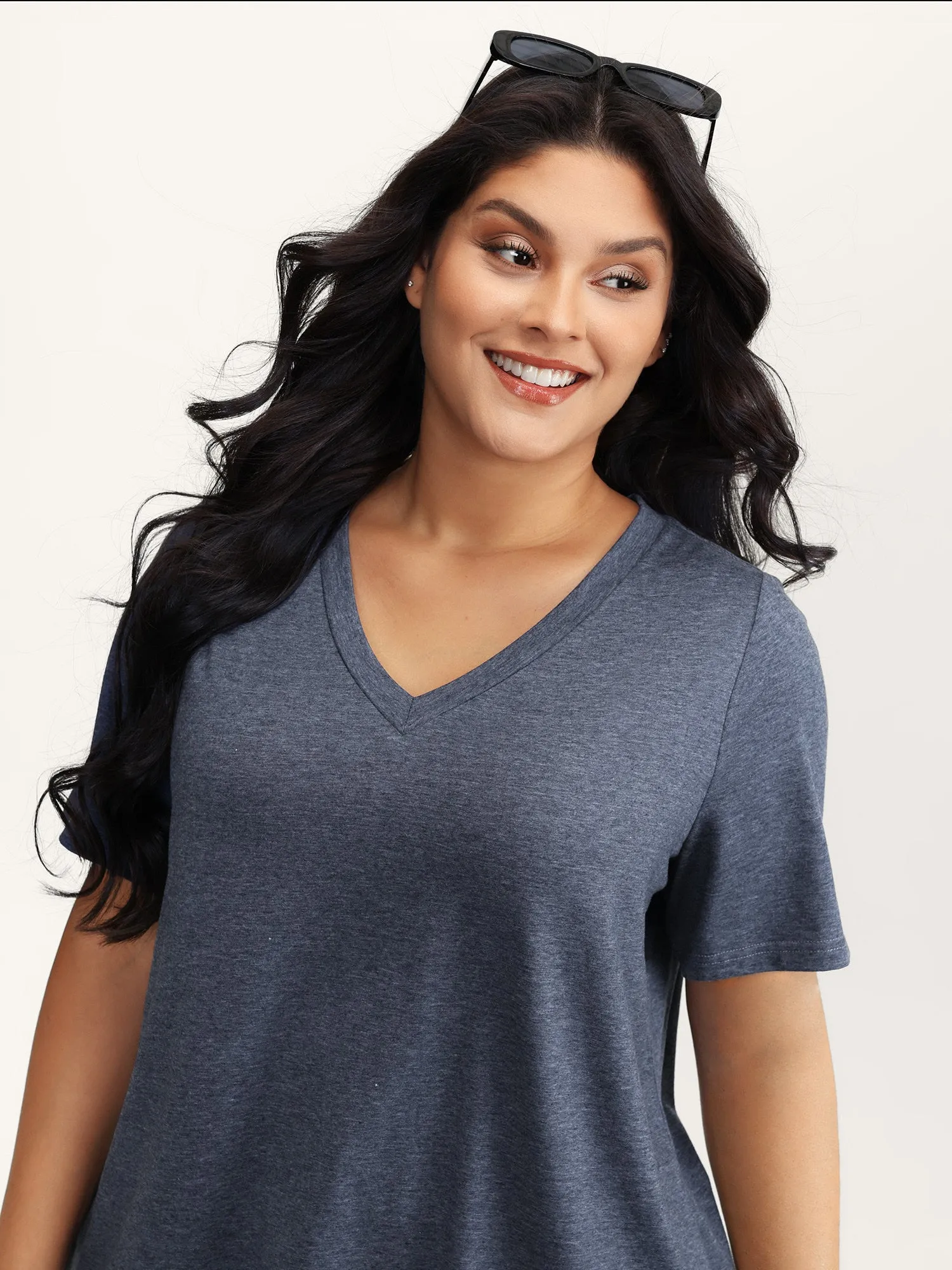 Stretchy Plain V-Neck T-Shirt sold by Bloomchic