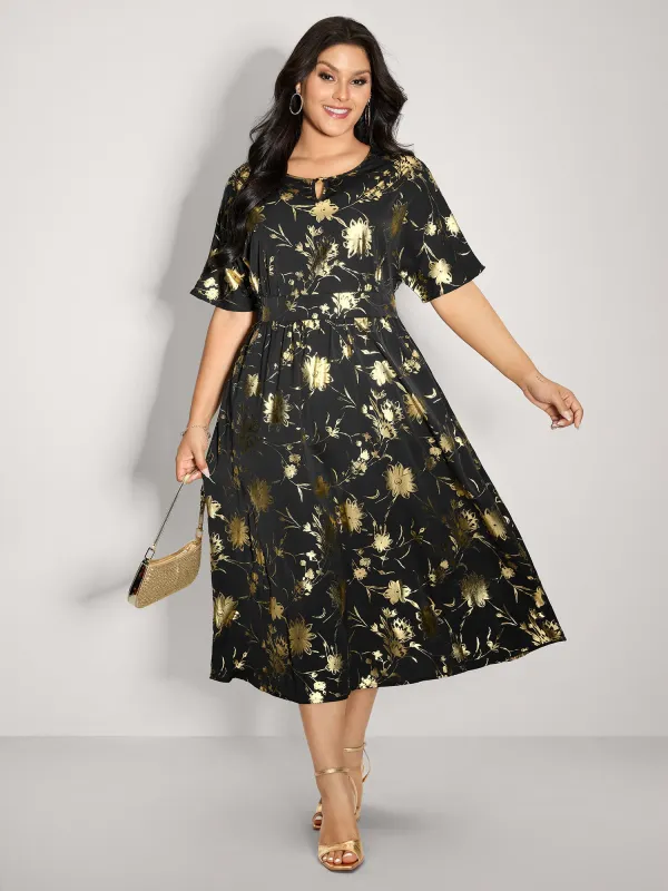 Gold Stamp Shirred Back-Waist Maxi Dress sold by Bloomchic