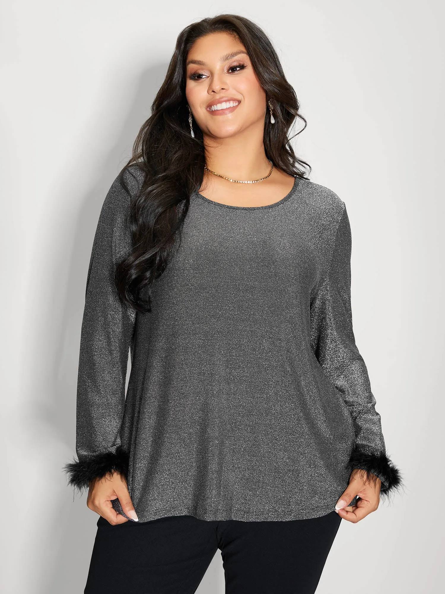 Shiny Silk Fur Cuffs Blouse sold by Bloomchic