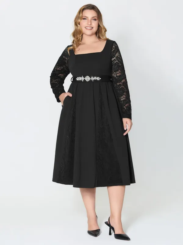 Hotfix Rhinestones Lace Trim Midi Dress sold by Bloomchic