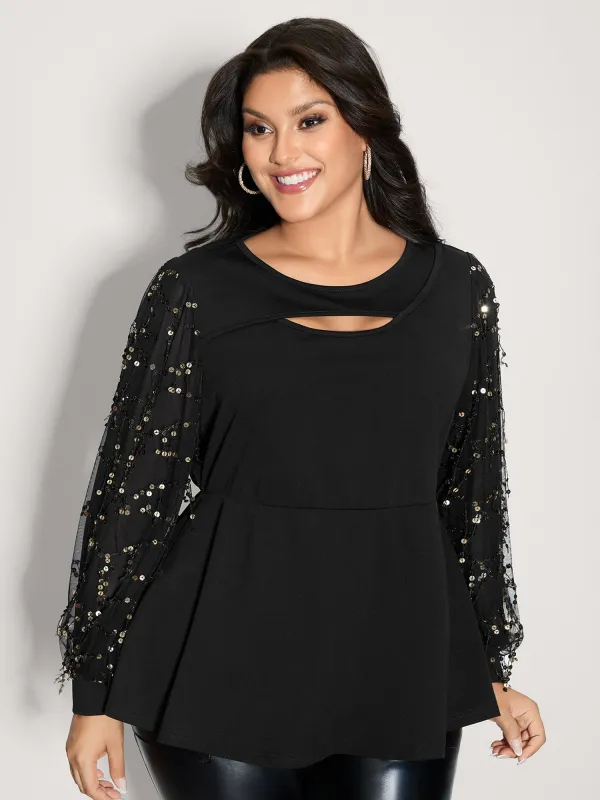 Sequin Sleeve Cut-Out Neck Top sold by Bloomchic