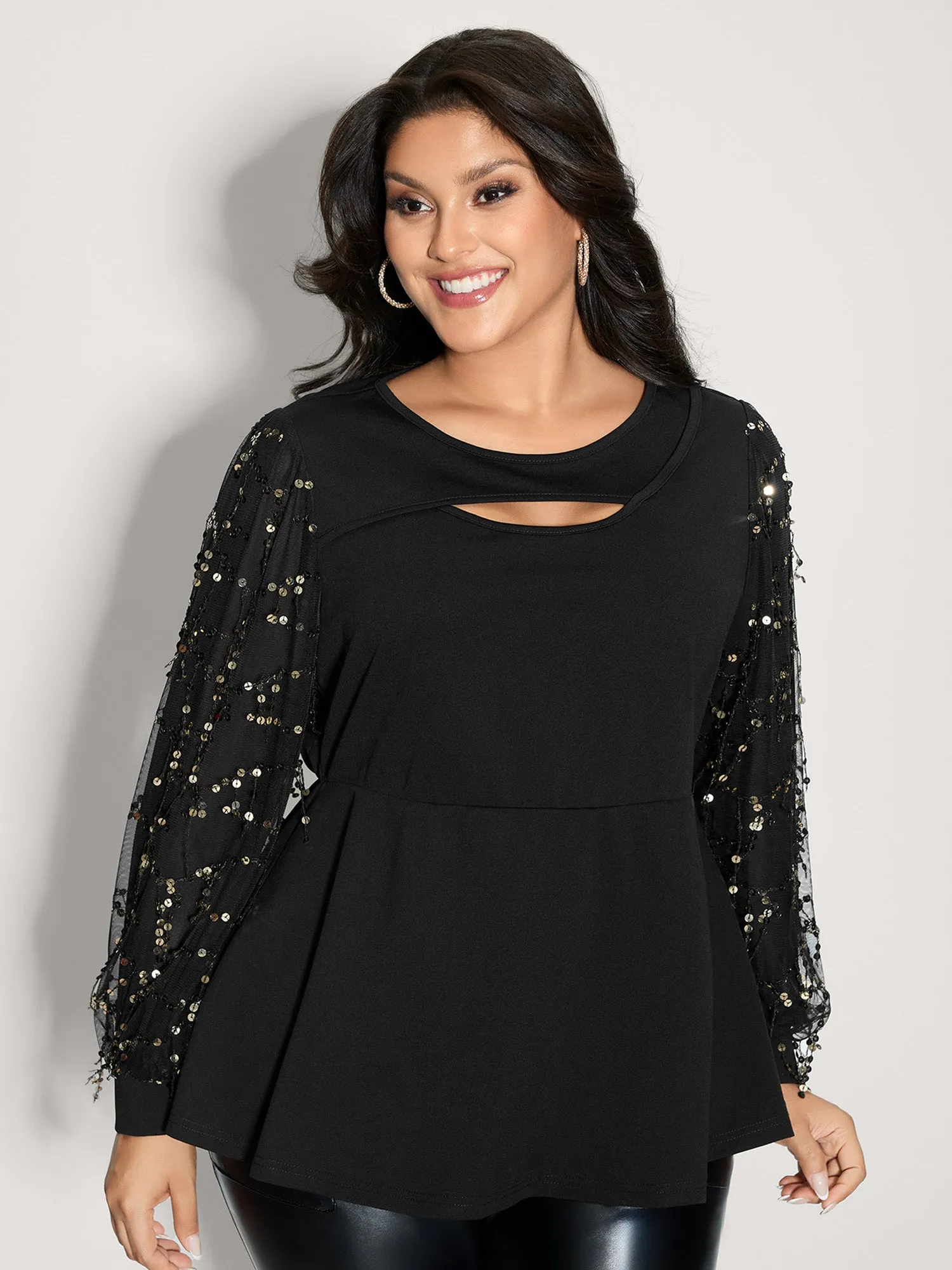 Sequin Sleeve Cut-Out Neck Top sold by Bloomchic