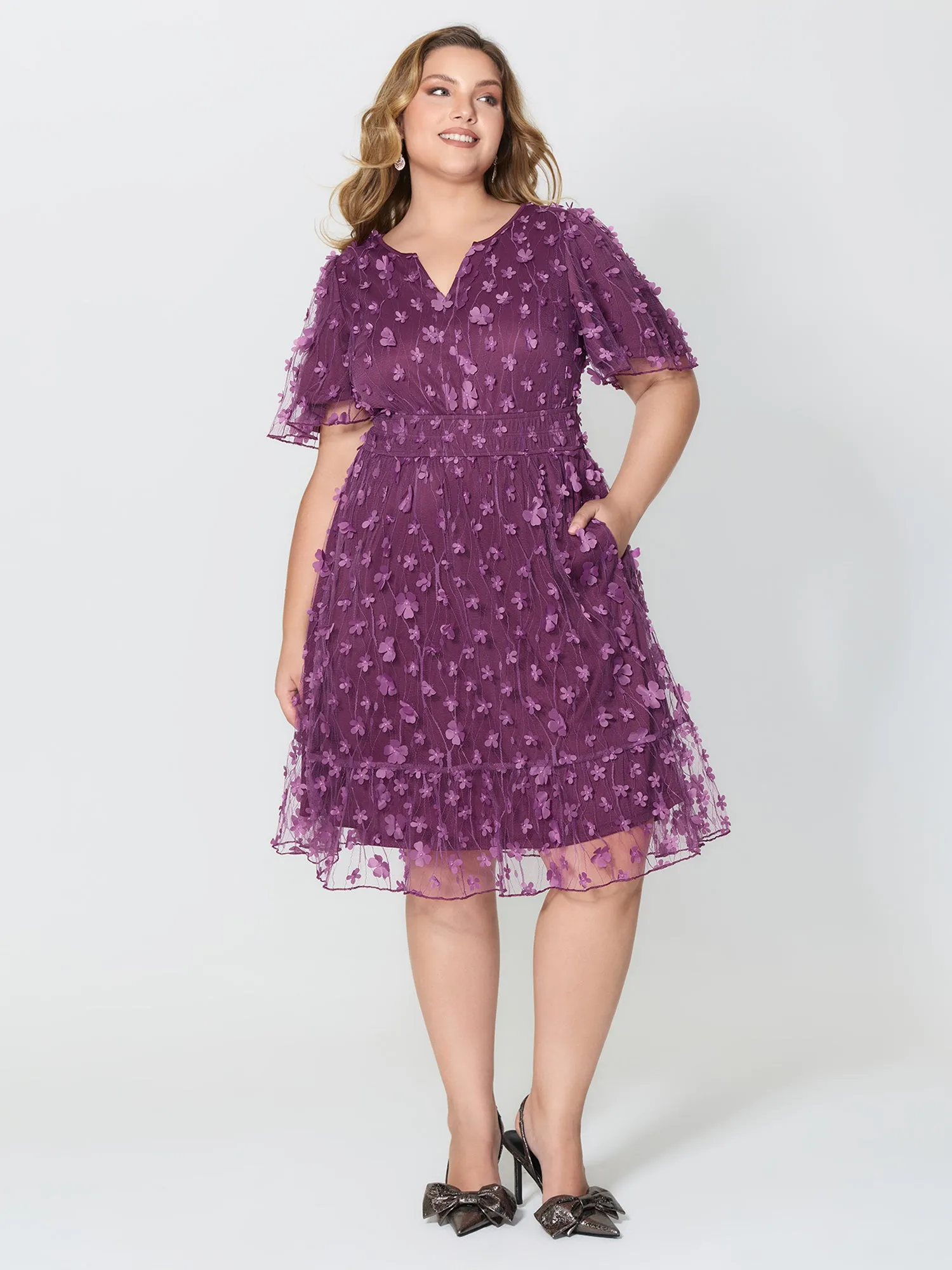 3D Floral Mesh Notched Neckline Midi Dress sold by Bloomchic product image thumbnail 3