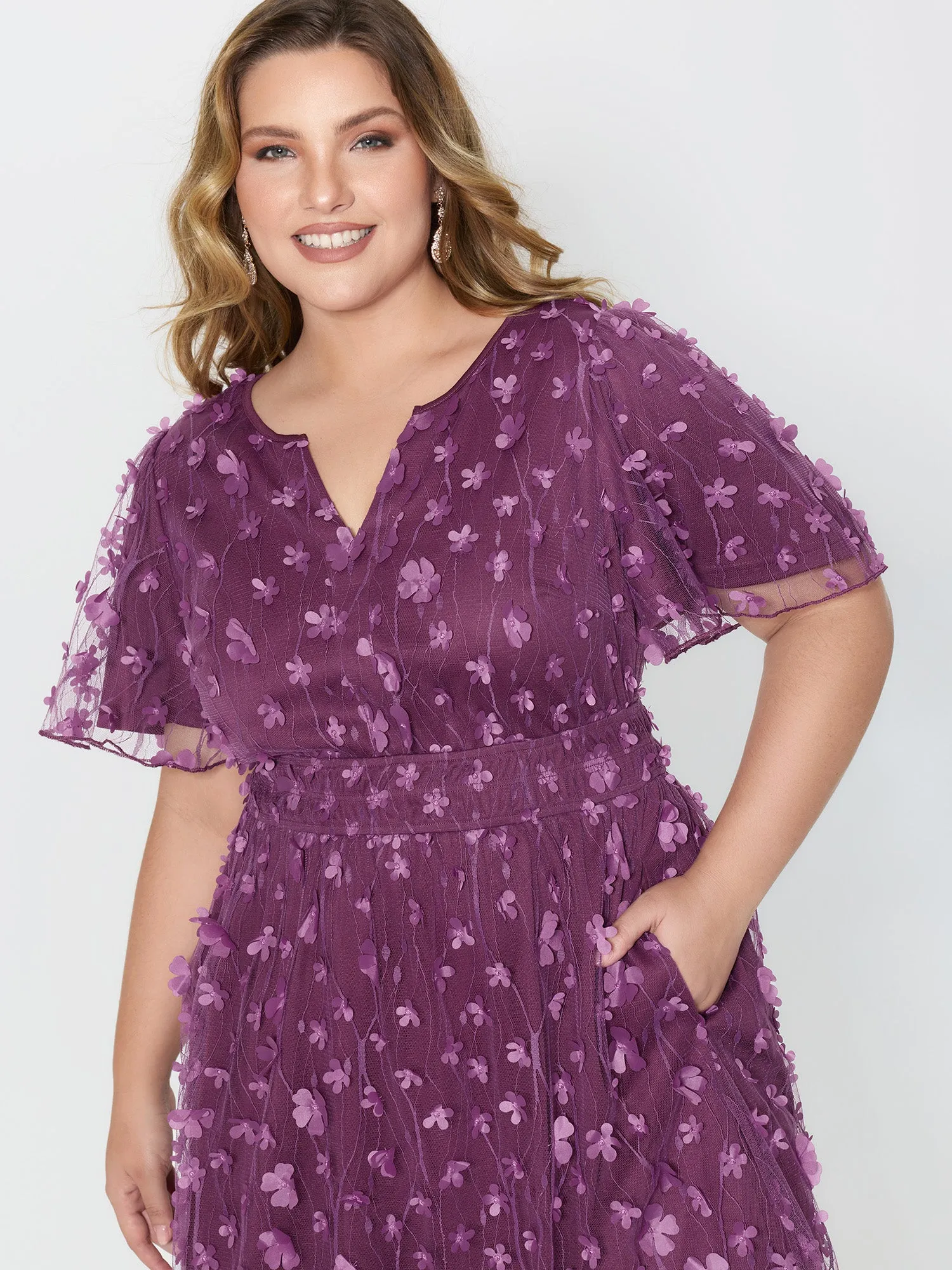 3D Floral Mesh Notched Neckline Midi Dress sold by Bloomchic product image thumbnail 2