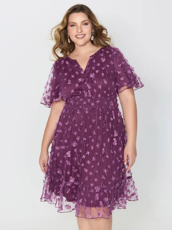 3D Floral Mesh Notched Neckline Midi Dress sold by Bloomchic