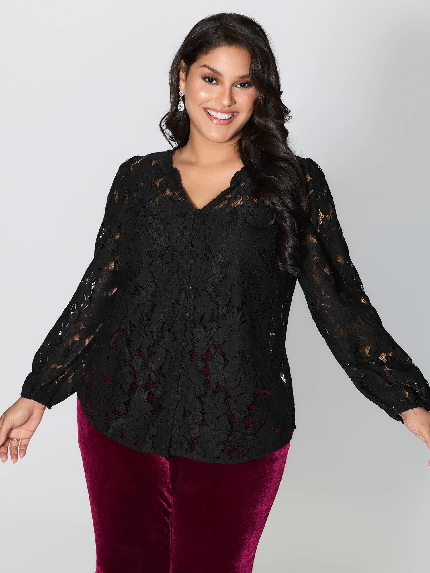 Lace Trim Sheer Ruffled Collar Button Shirt sold by Bloomchic