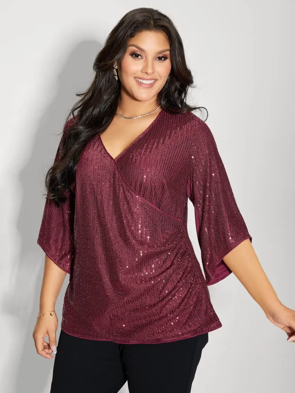 Shimmery Sequin Gathered Flared Sleeve Blouse sold by Bloomchic