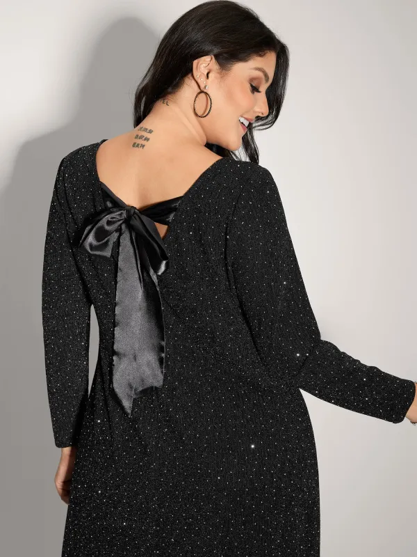 Metallic Detail Shimmery Back Bow Midi Dress sold by Bloomchic