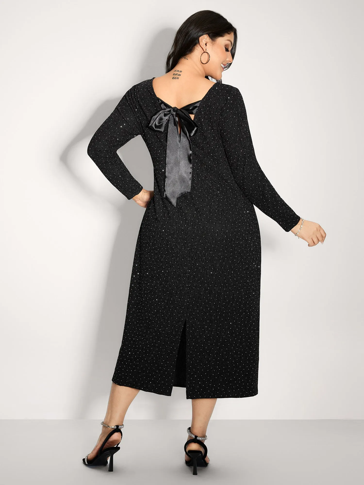 Metallic Detail Shimmery Back Bow Midi Dress sold by Bloomchic product image thumbnail 4