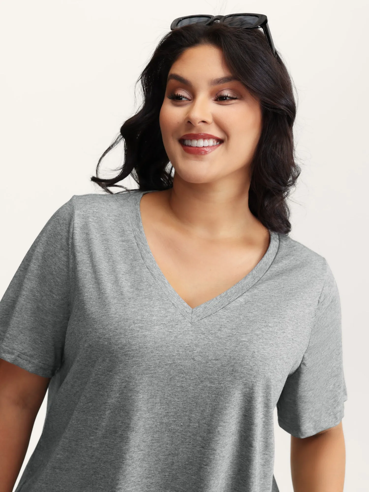 Stretchy V-Neck Solid T-Shirt sold by Bloomchic