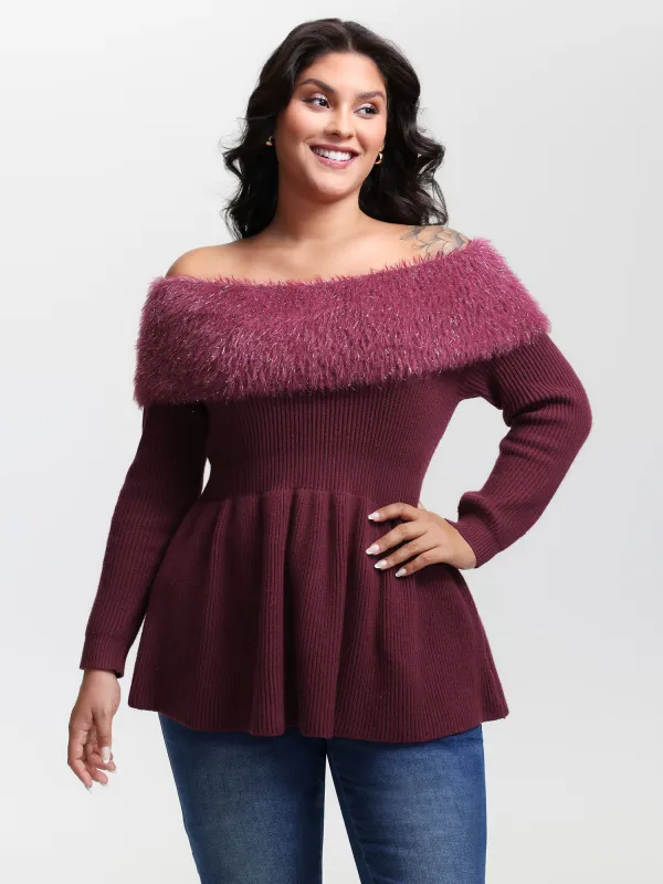 Sparkly Fur Off-Shoulder A-Line Pullover sold by Bloomchic