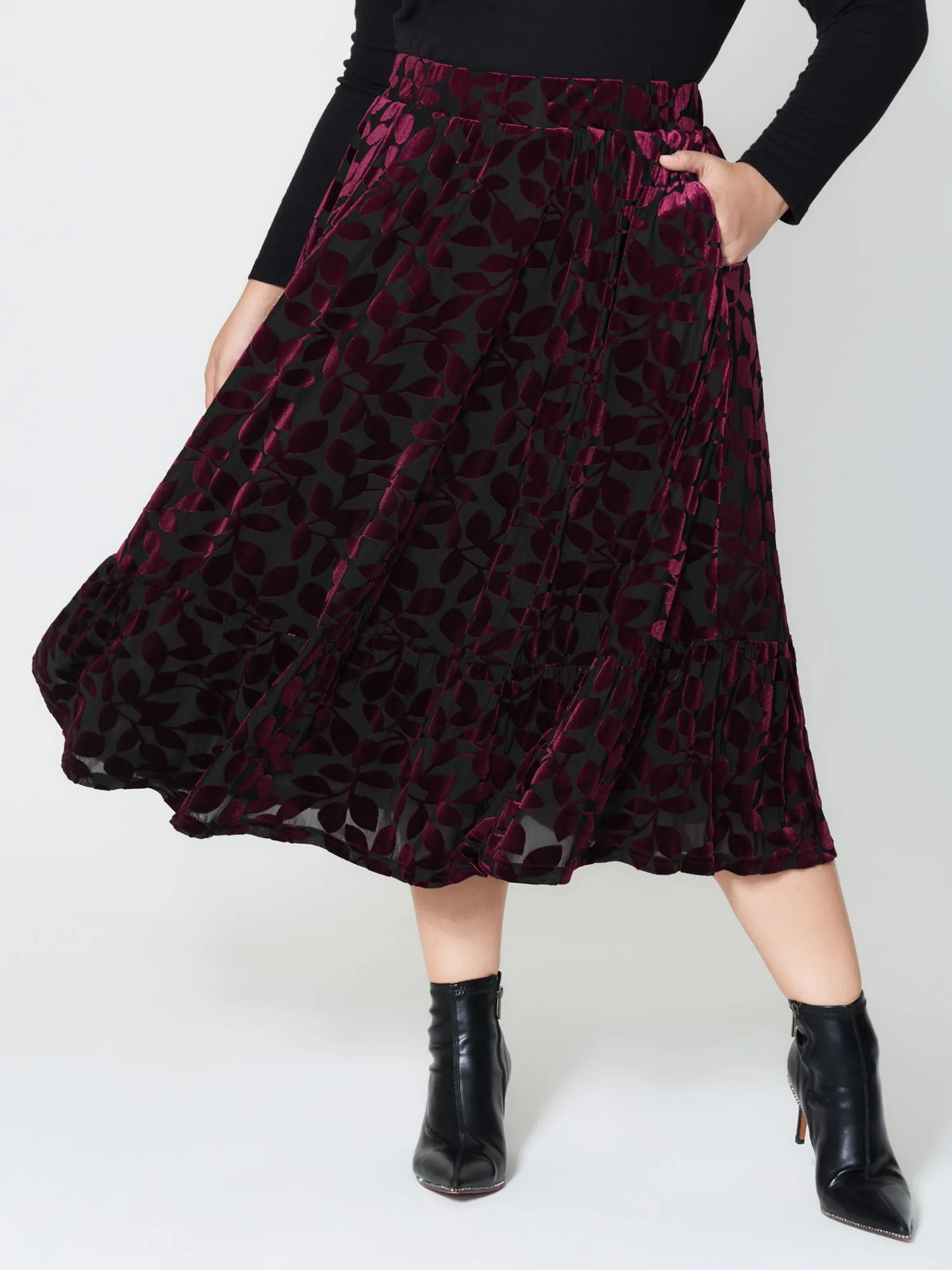 Laser-Cut Velvet Pleated Maxi Skirt sold by Bloomchic