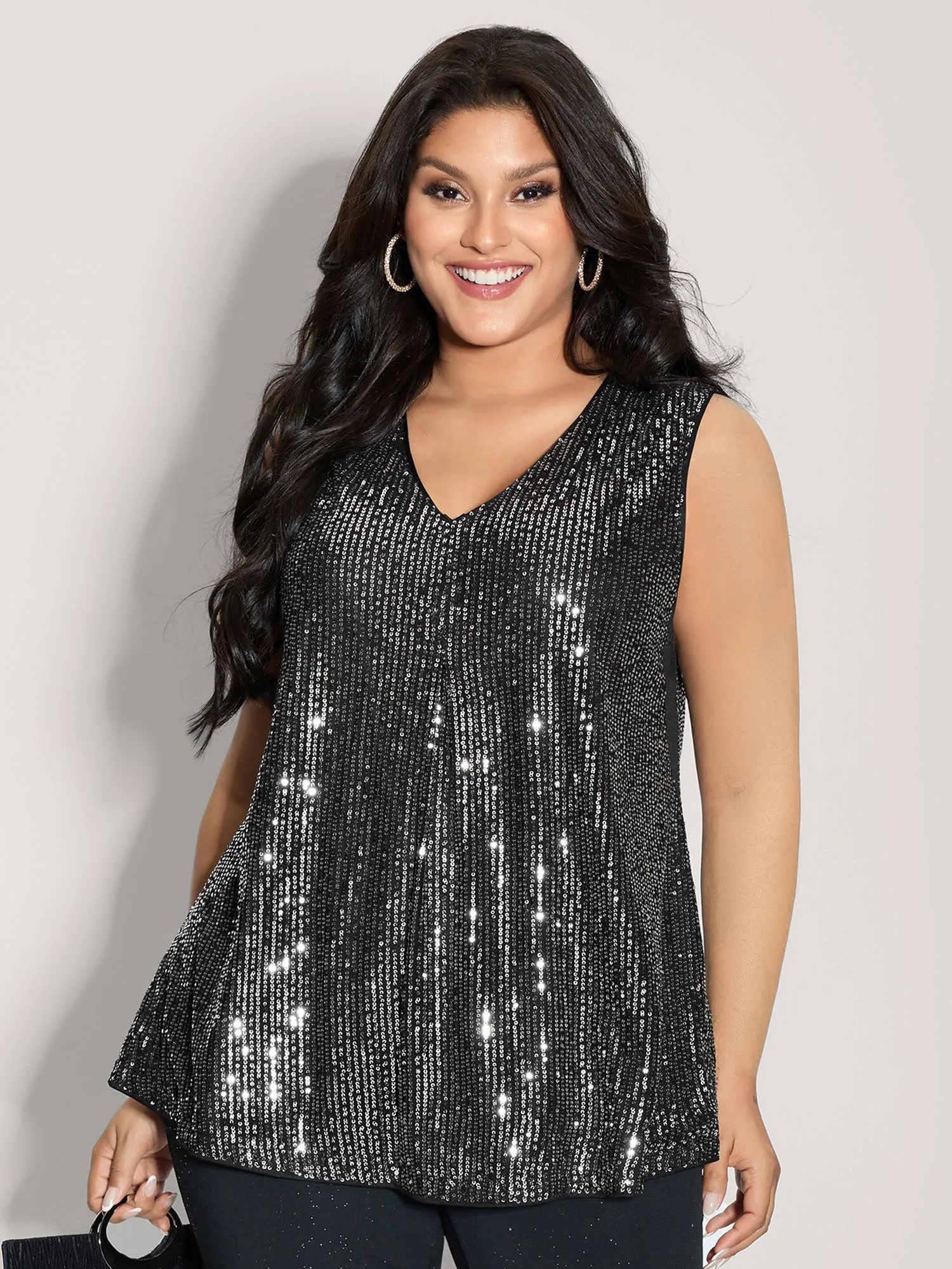 Shimmery Sequin V-Neck A-Line Tank Top sold by Bloomchic