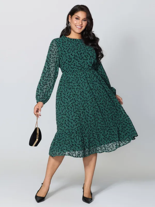 Flocked Floral Shirred Ruffled Neck Midi Dress sold by Bloomchic