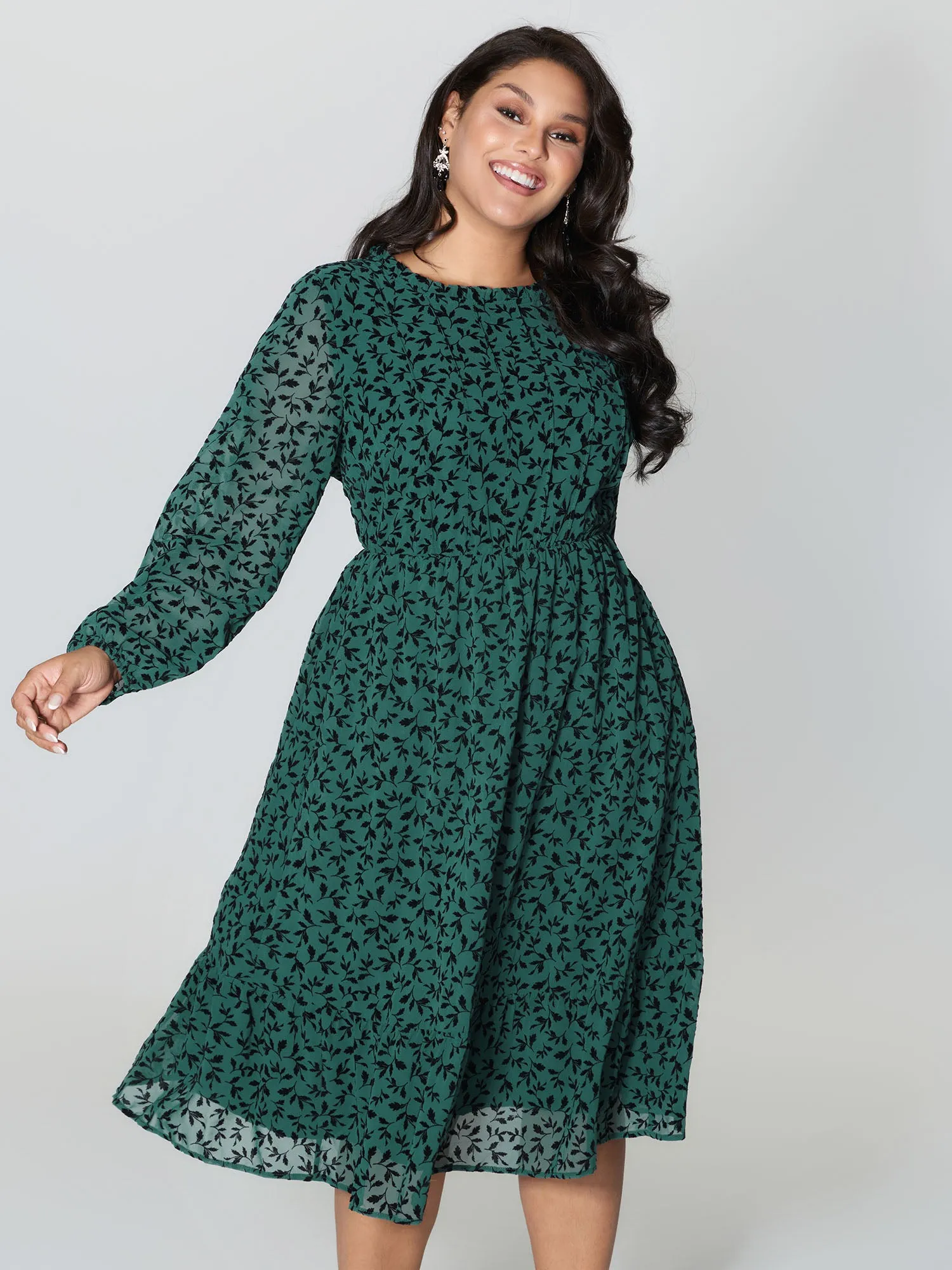 Flocked Floral Shirred Ruffled Neck Midi Dress sold by Bloomchic product image thumbnail 3