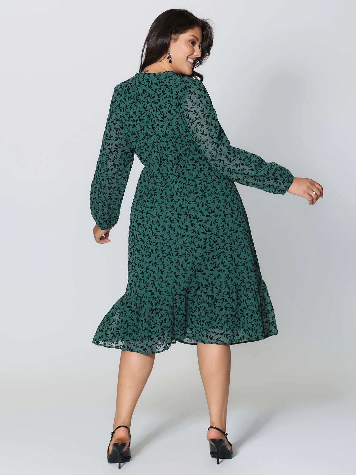 Flocked Floral Shirred Ruffled Neck Midi Dress sold by Bloomchic product image thumbnail 4