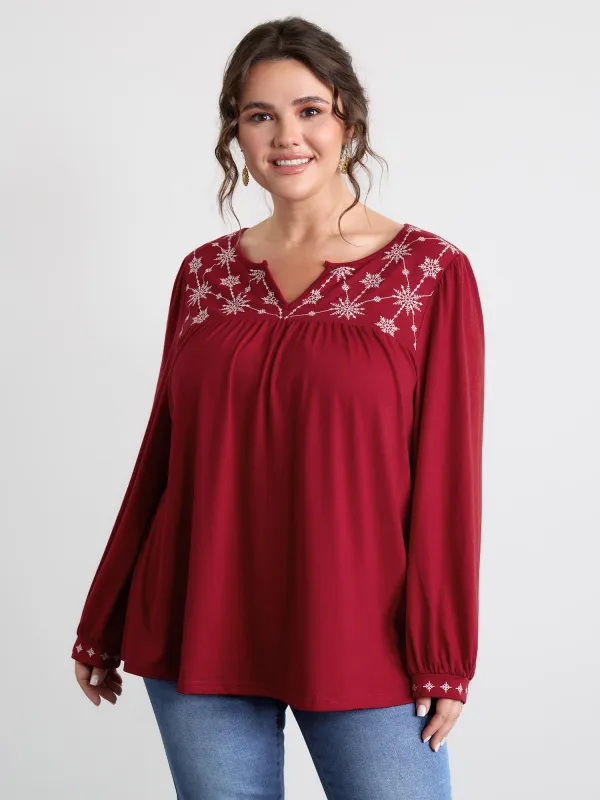 Holiday Embroidered Neckline Pleated Knit Top sold by Bloomchic