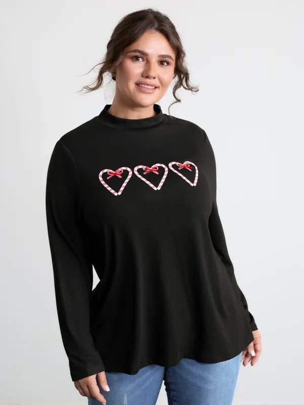 Stretchy Hearts Print Mock Neck T-Shirt sold by Bloomchic