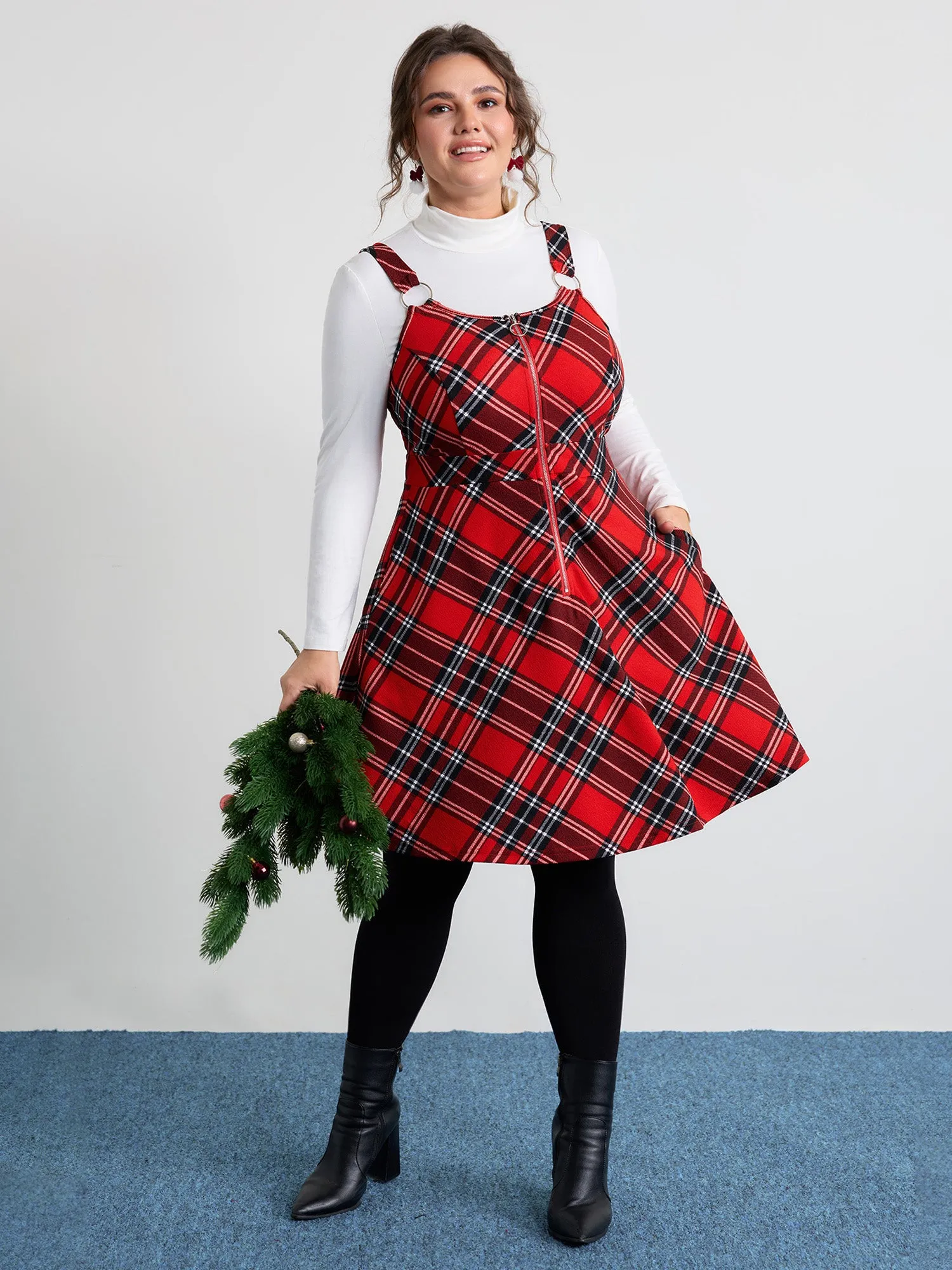 Plaid Print Zipper Overall Straps Mini Dress sold by Bloomchic product image thumbnail 3