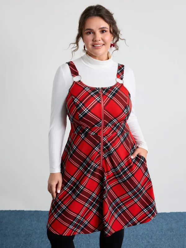Plaid Print Zipper Overall Straps Mini Dress sold by Bloomchic