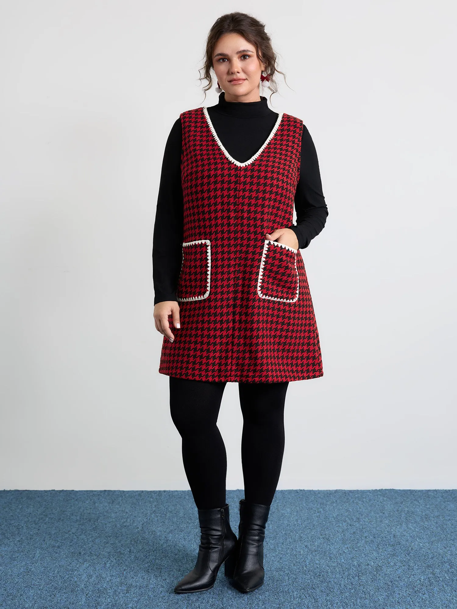 Houndstooth Embroidery Patch Pockets Dress sold by Bloomchic product image thumbnail 3