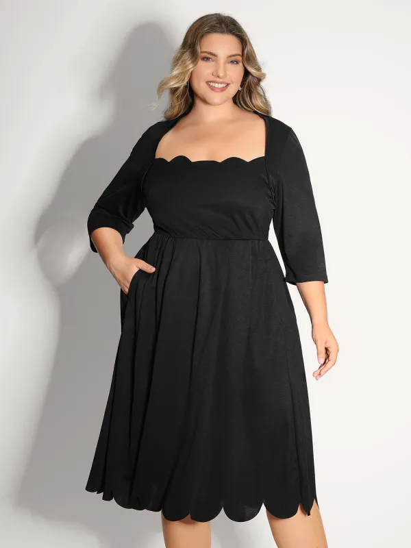 Scalloped Laser Cut Neck Stretchy Midi Dress sold by Bloomchic