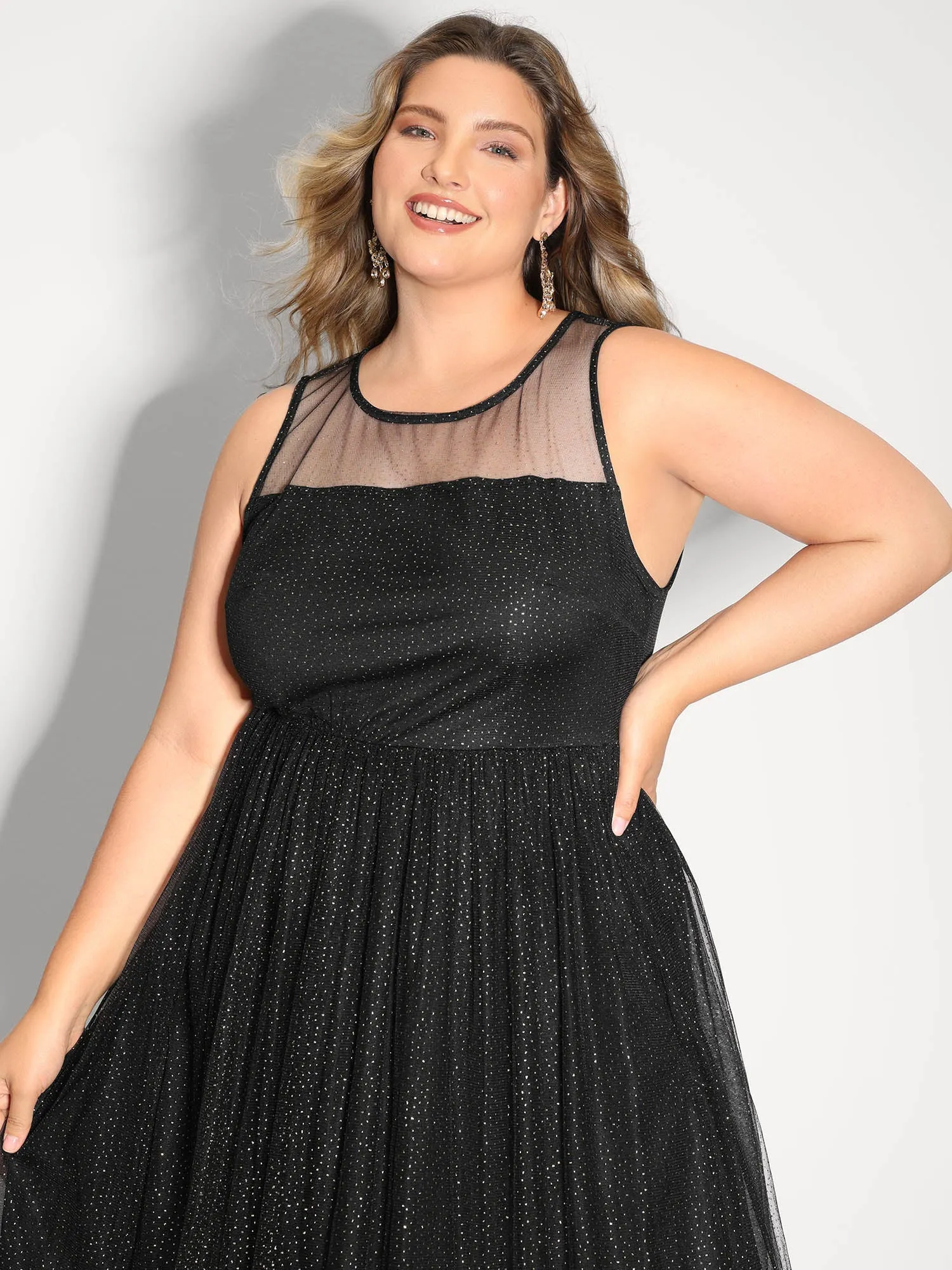 Shimmery Sheer Neckline Flowy Maxi Dress sold by Bloomchic product image thumbnail 2