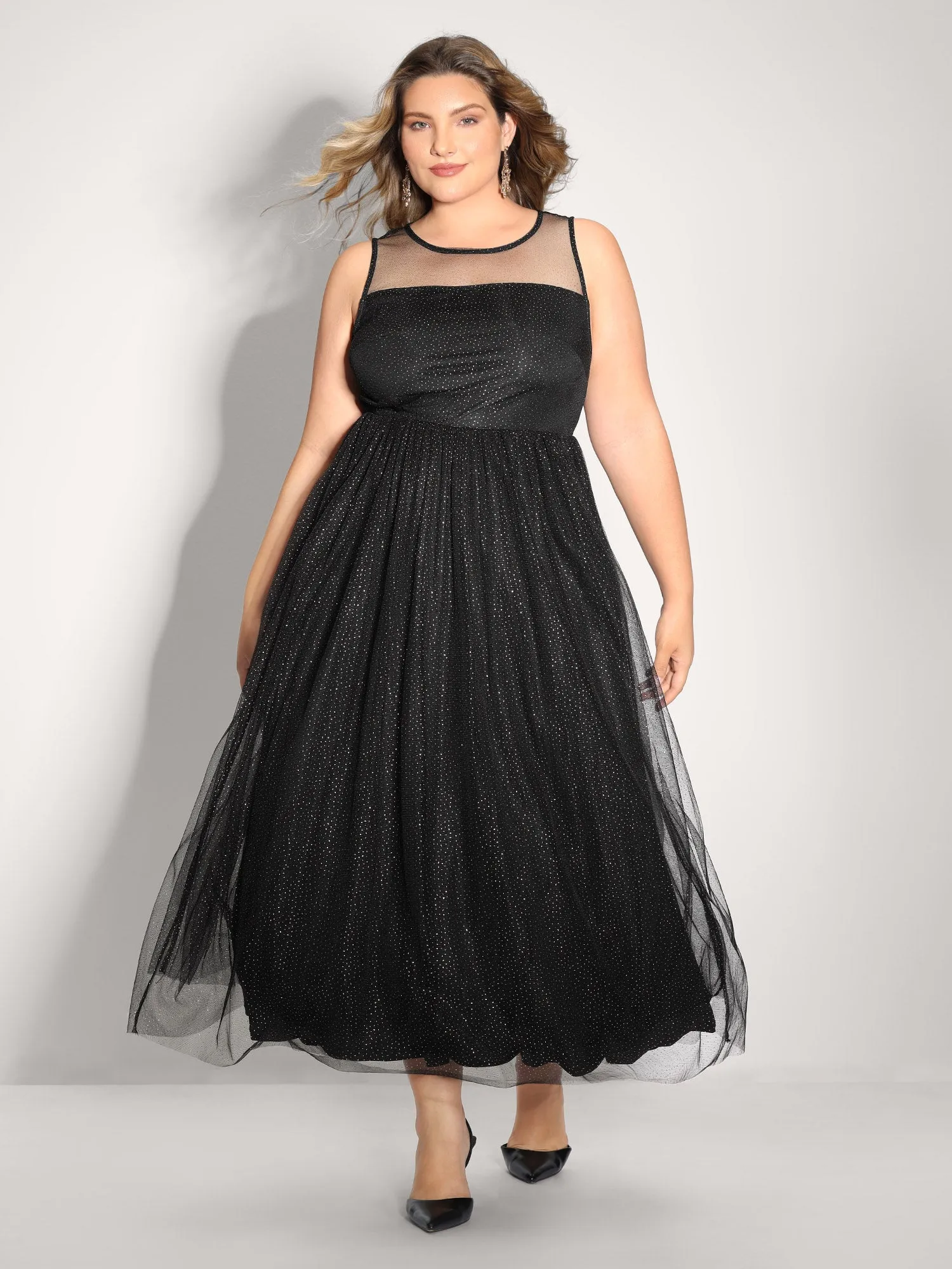 Shimmery Sheer Neckline Flowy Maxi Dress sold by Bloomchic