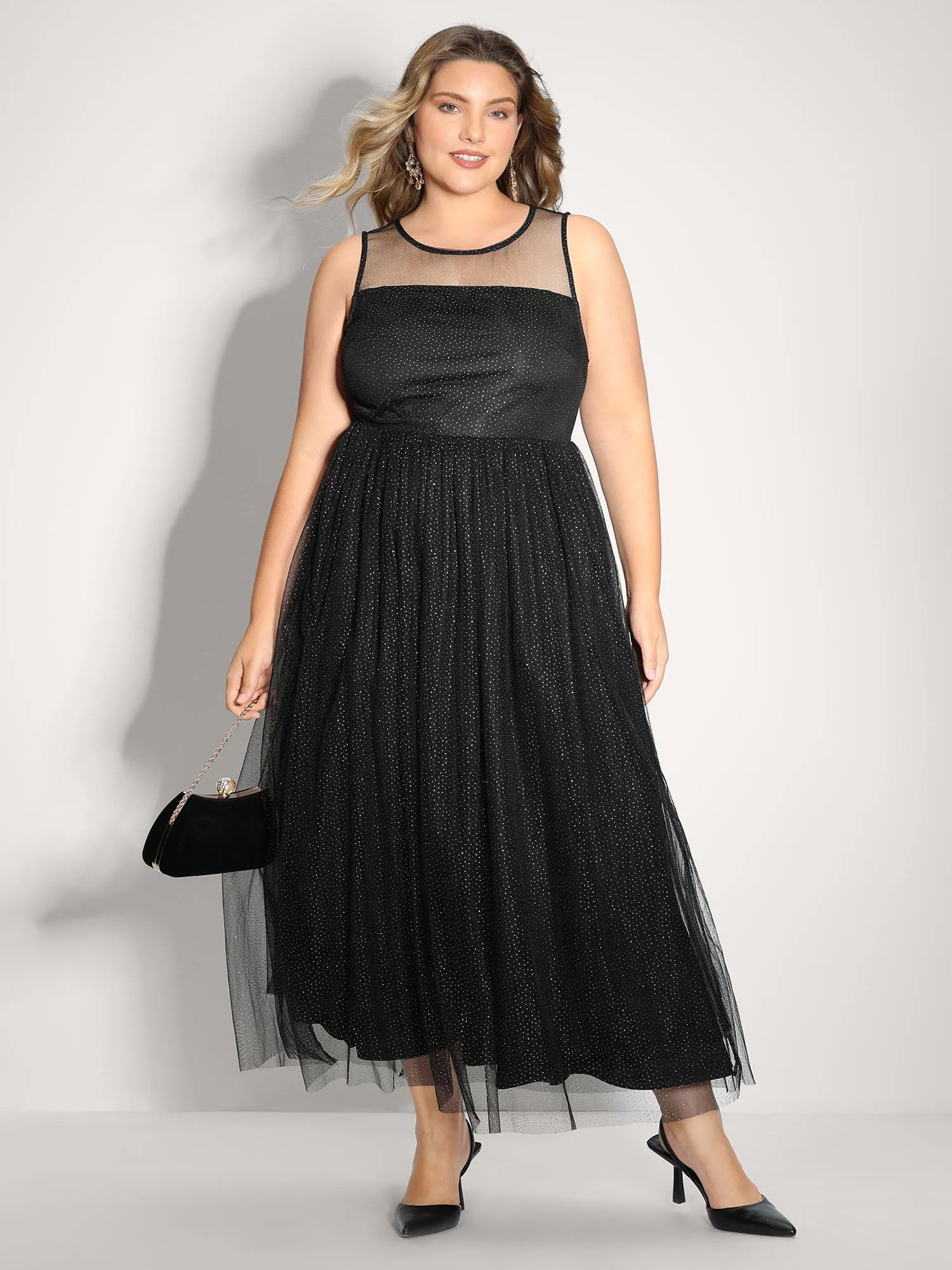 Shimmery Sheer Neckline Flowy Maxi Dress sold by Bloomchic product image thumbnail 3