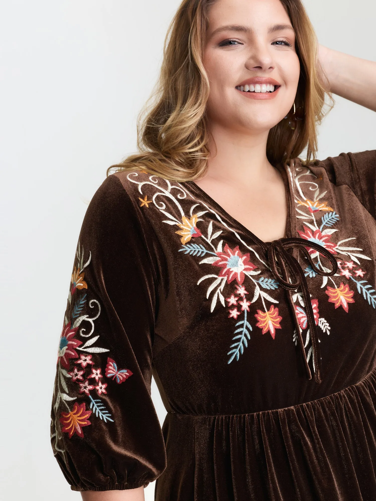 Floral Embroidered Stretchy Waist Pockets Midi Dress sold by Bloomchic product image thumbnail 3