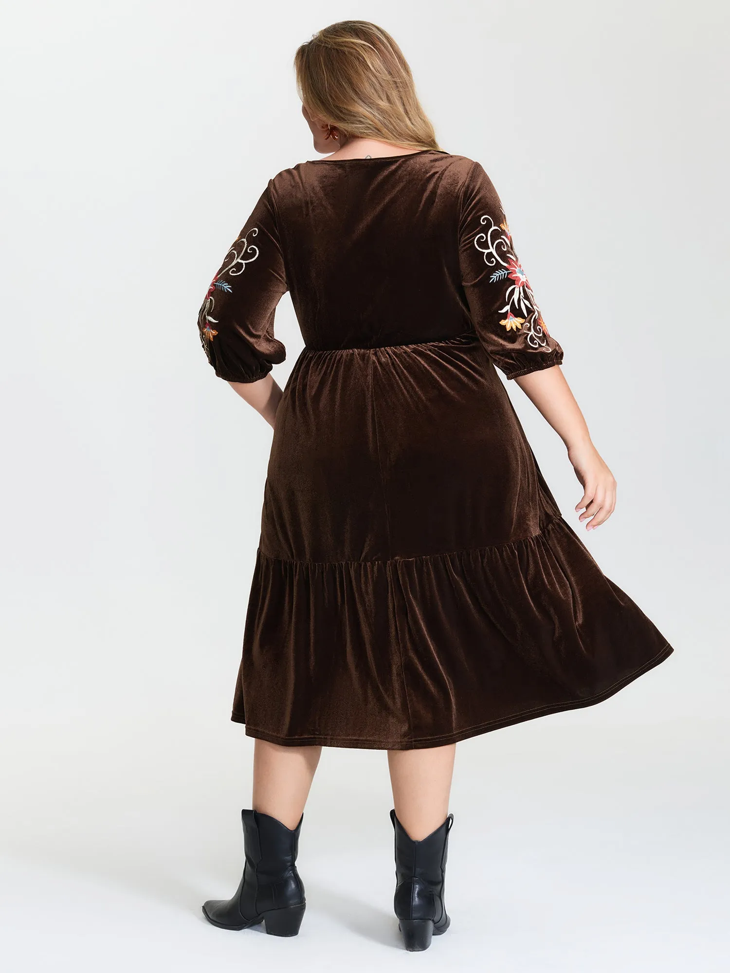 Floral Embroidered Stretchy Waist Pockets Midi Dress sold by Bloomchic product image thumbnail 4